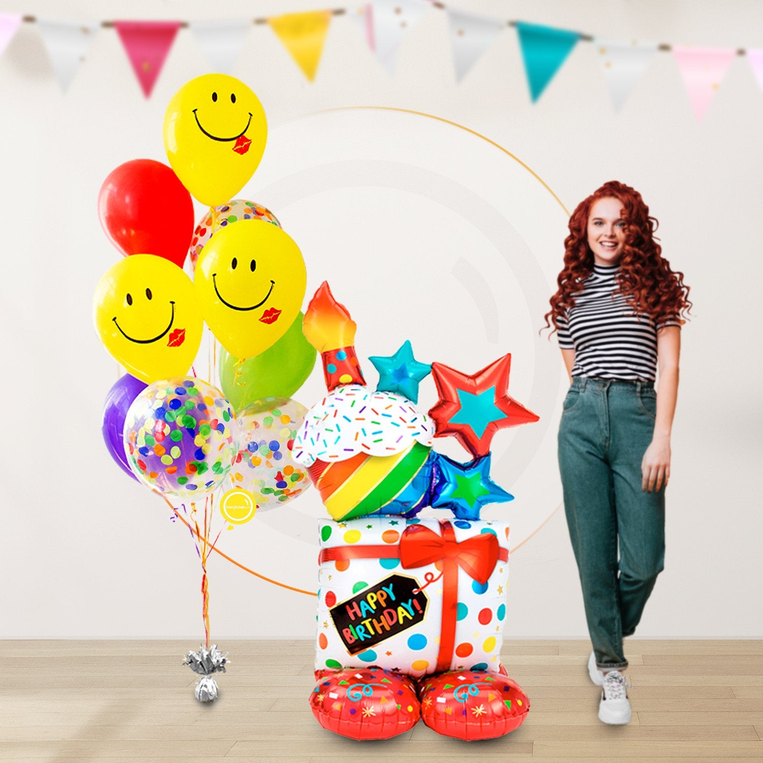 AirLoonz Regalos Happy Birthday con Bouquet de 9 Globos Multicolor Caritas