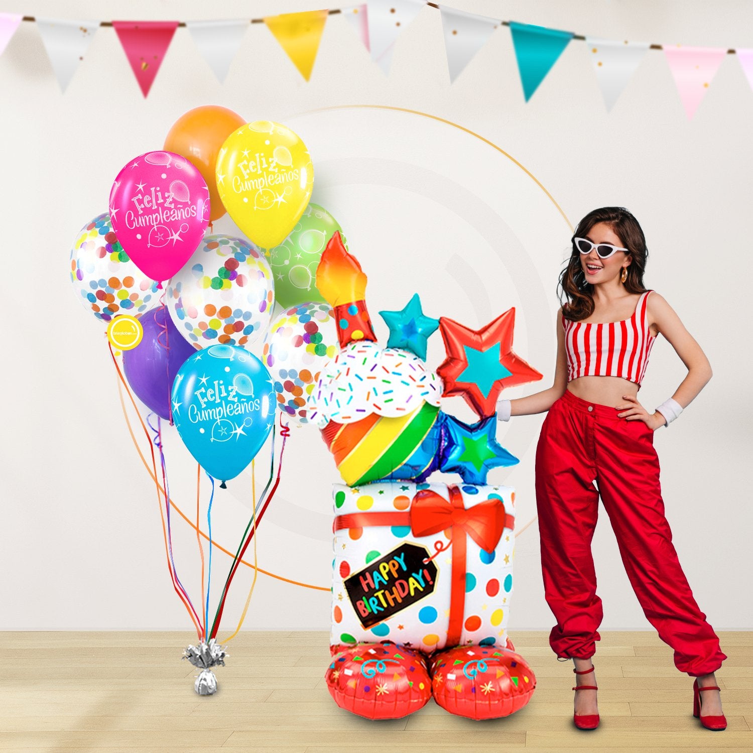 AirLoonz Regalos Happy Birthday con Bouquet de 9 Globos Multicolor