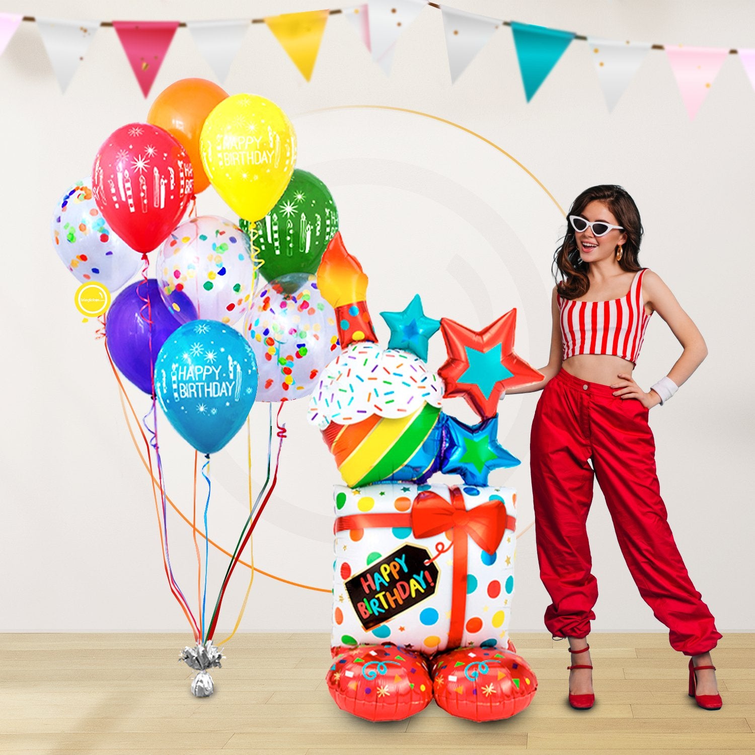 AirLoonz Regalos Happy Birthday con Bouquet de 9 Globos Multicolor