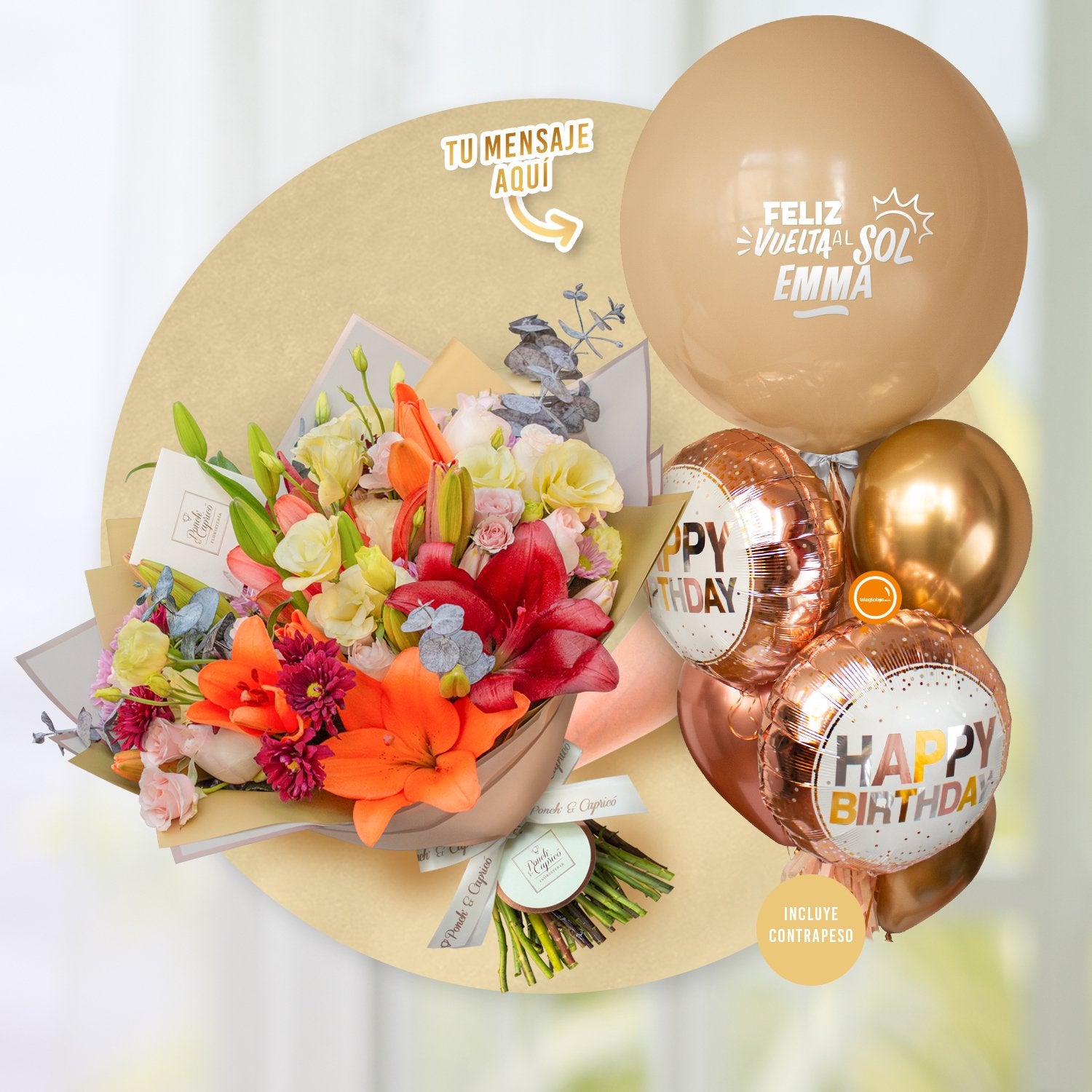 Arreglo de Rosas Señorita, Mix de Lillies, Lisianthus Crema y Eucalipto Preservado + Bunch de Globos Inspira - Metalic Dots - -SET073-