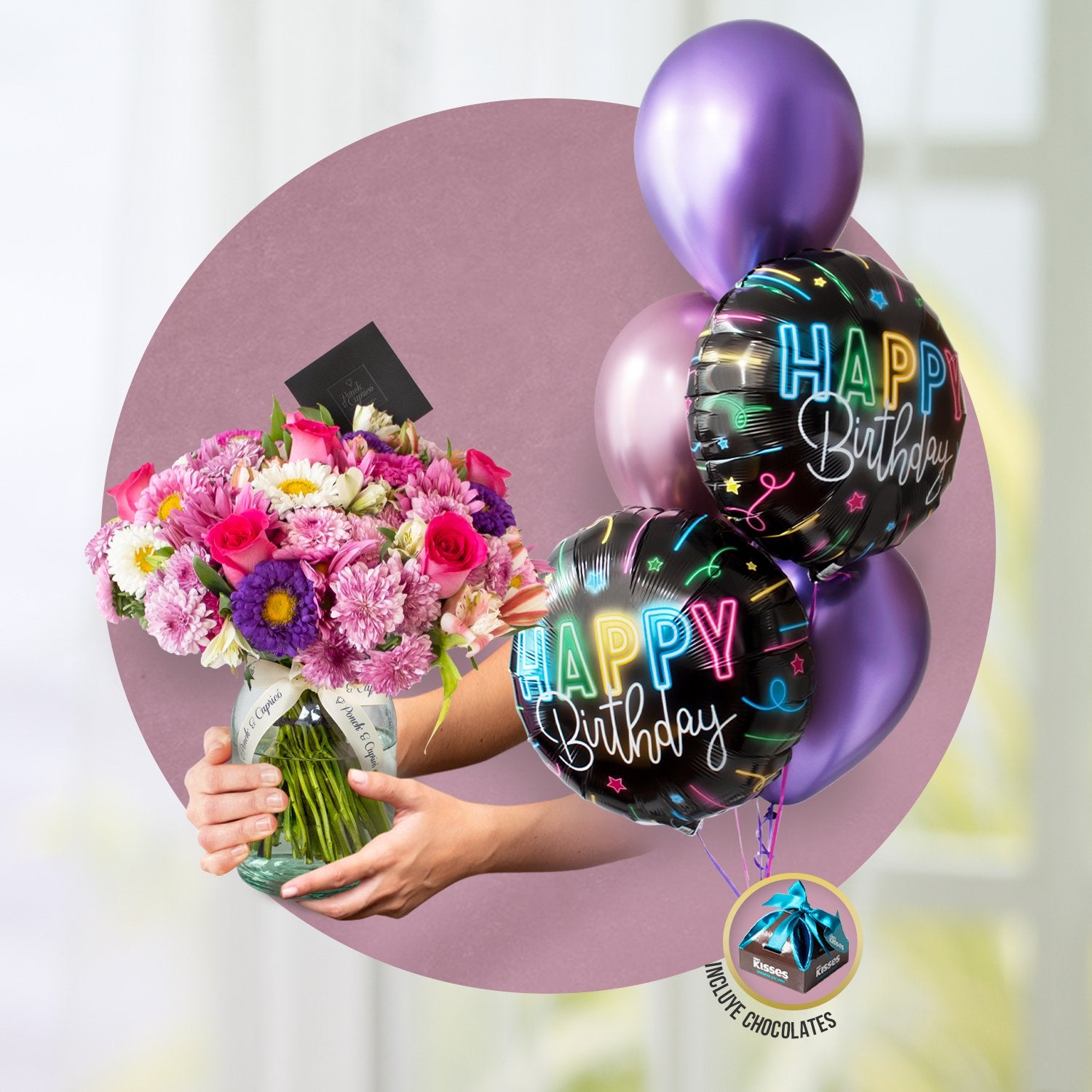 Arreglo floral + Bouquet de Globos ¡Feliz Cumpleaños! -SET022-