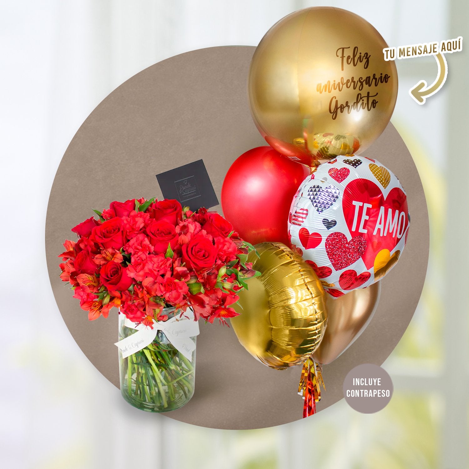 Arreglo floral de 12 Rosas, Clavellina y Alstromelias + Bunch de Globos Personalizado -SET051-