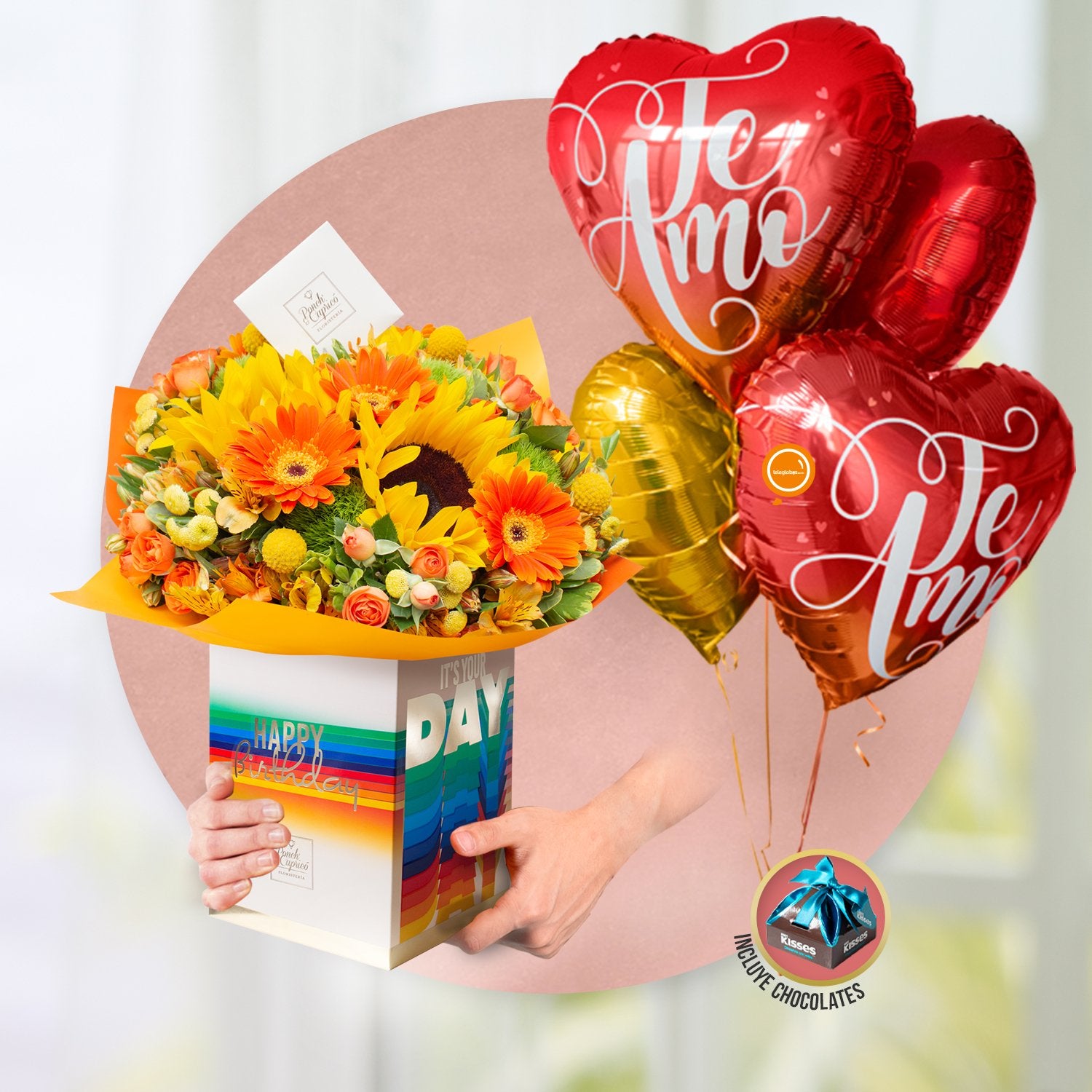 Arreglo Floral de Girasoles, Gerberas Naranjas, Mini Rosas Naranja y Alstromelia Amarilla + Bouquet de Globos Inflados con Helio -SET074-