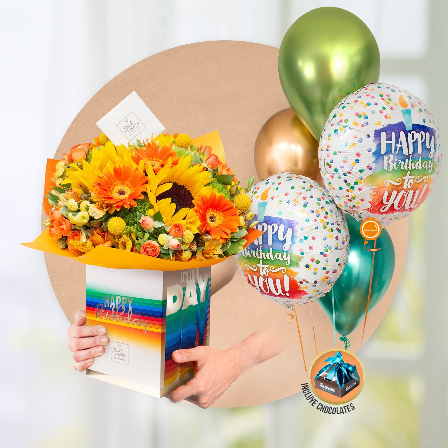 Arreglo Floral de Girasoles, Gerberas Naranjas, Mini Rosas Naranja y Alstromelia Amarilla + Bouquet de Globos de Cumpleaños -SET074-