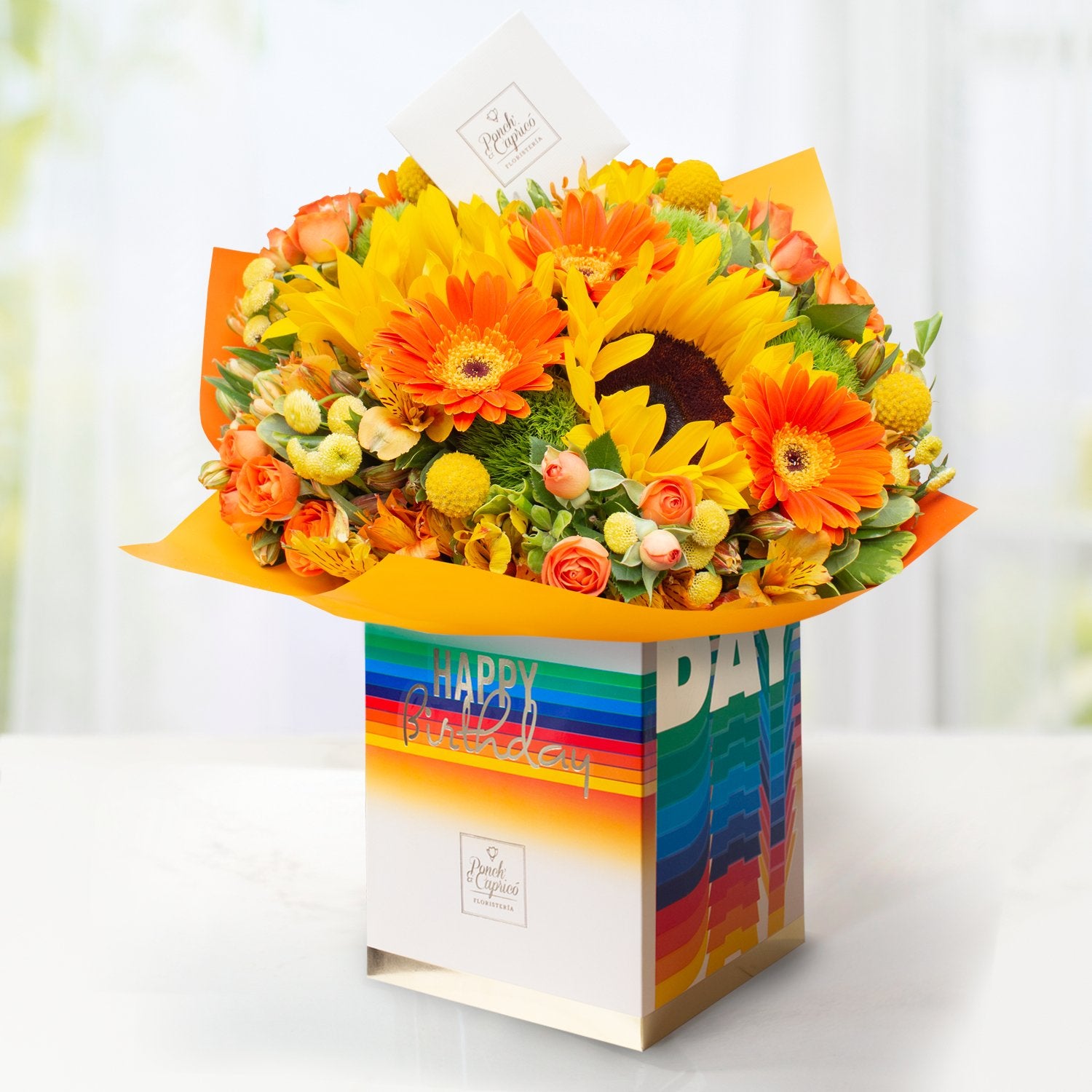 Floral Sunflower arrangement, orange gerberas, mini orange roses and yellow -ga