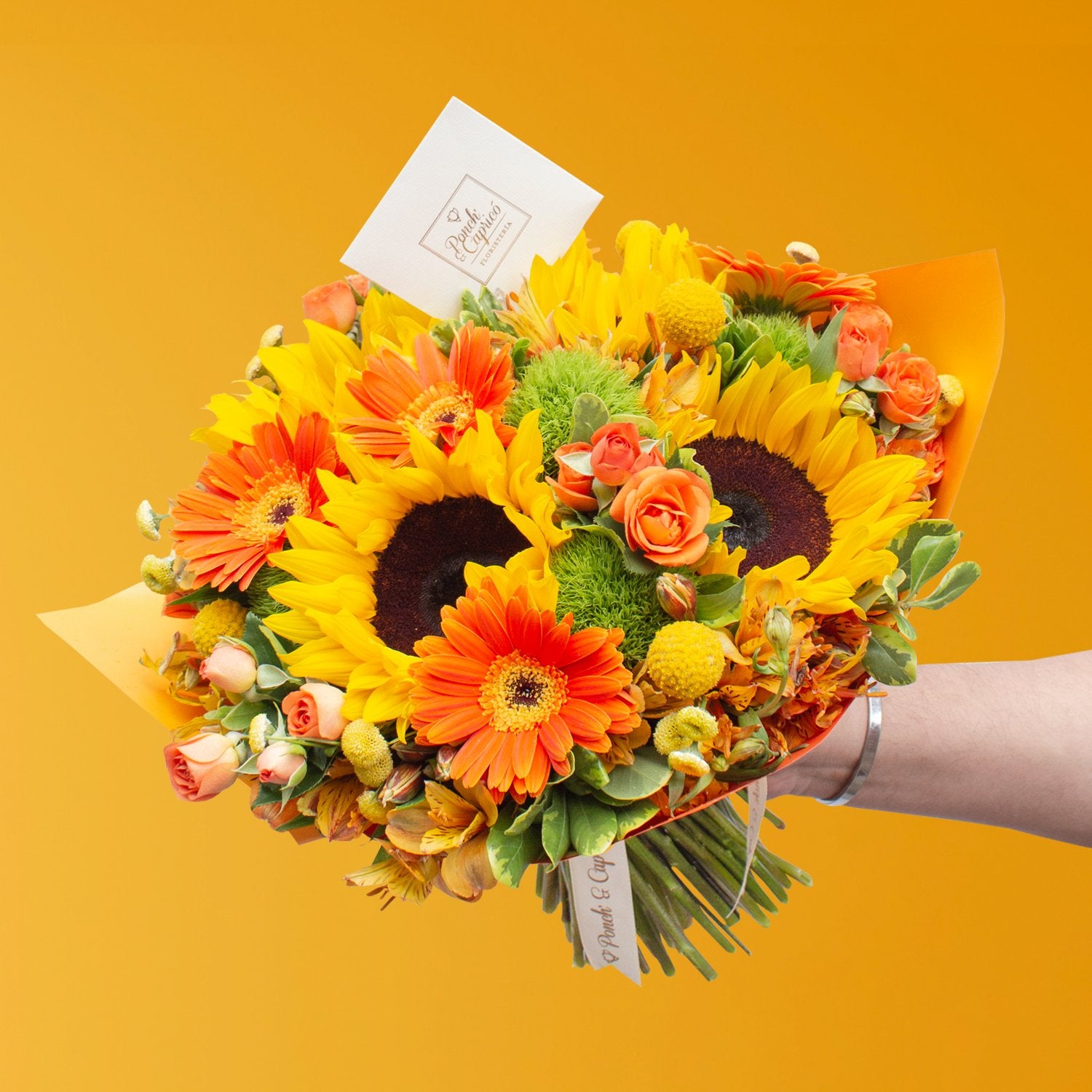 Floral Sunflower arrangement, orange gerberas, mini orange roses and yellow -ga