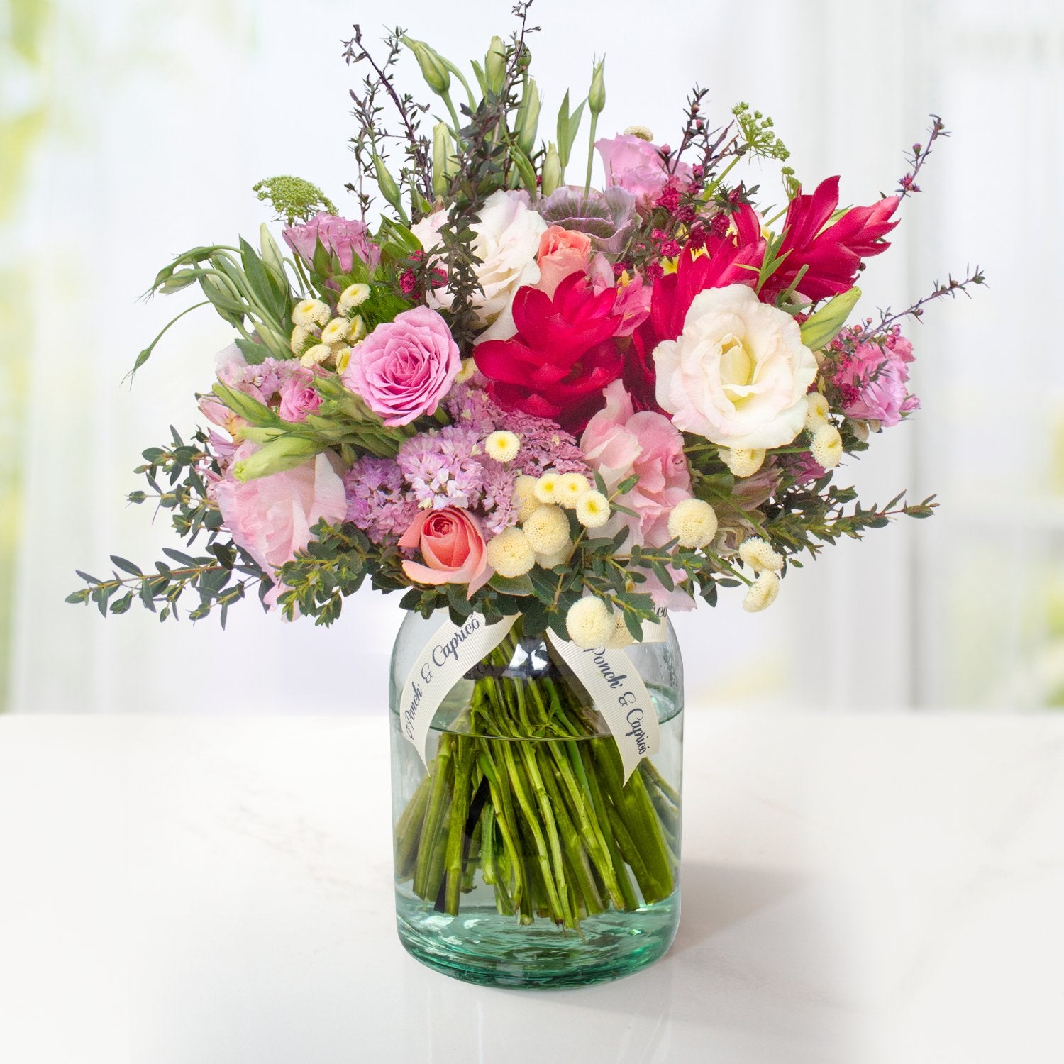 Arreglo floral de Rosas Náuticas, Rosas Hermosas, Lisianthus Rosado y Alstromelia Rosa -GI020-
