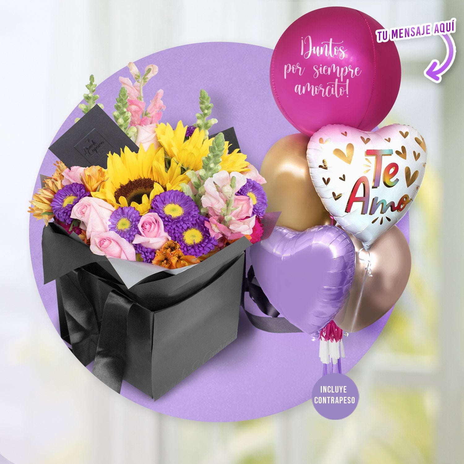 Bouquet de Girasol, Rosa Caricia y Dragón Amarillo Perrito + Bunch de Globos con Helio Personalizado -Te Amo- -SET057-