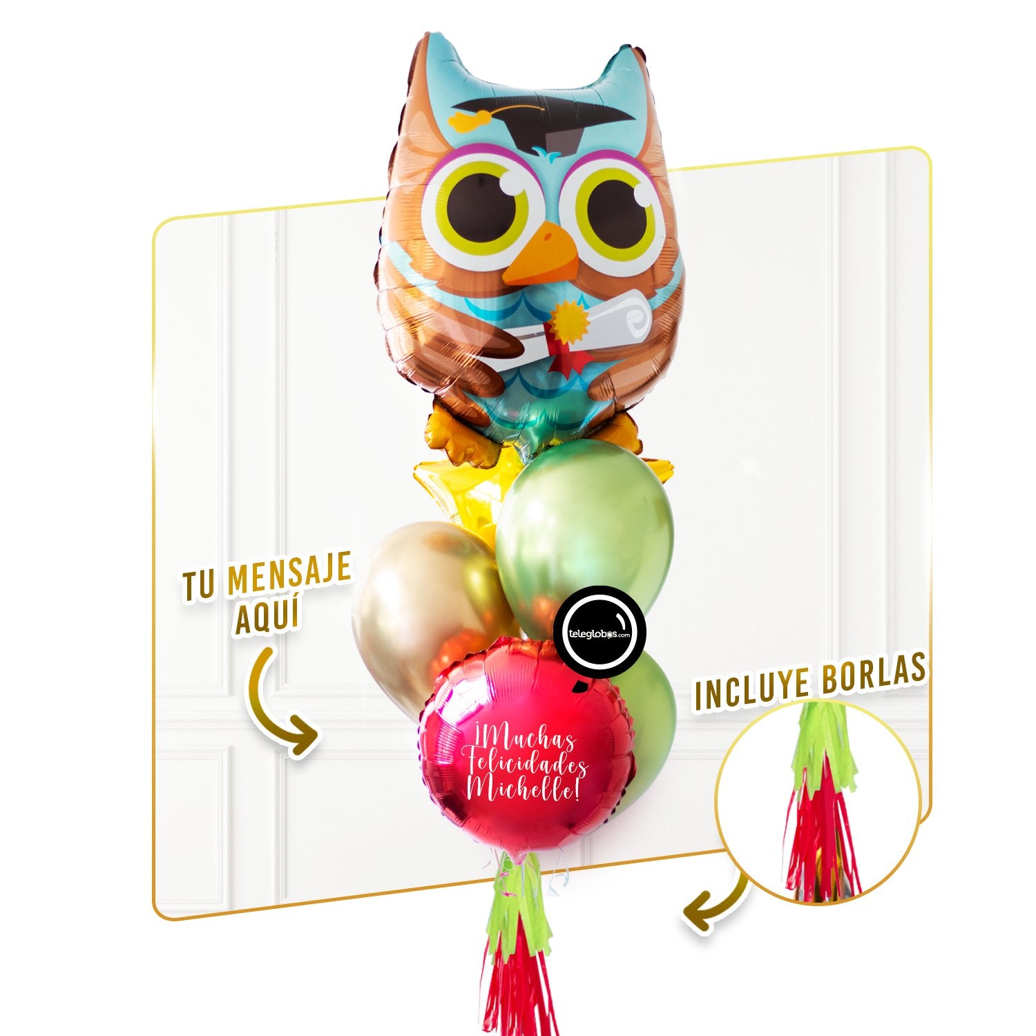 Bouquet de Globos Graduación 24 -Búho- | Globos y Regalos Teleglobos.com.mx.
