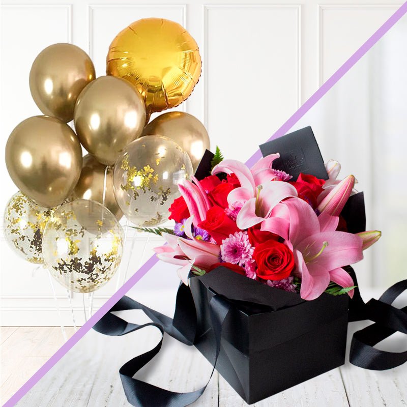 Bouquet de Lillies Rosados, Rosas Rojas y Montecacino + Ramo de 9 Globos inflados c/ Helio -SET020- | Globos y Regalos Teleglobos.com.mx.