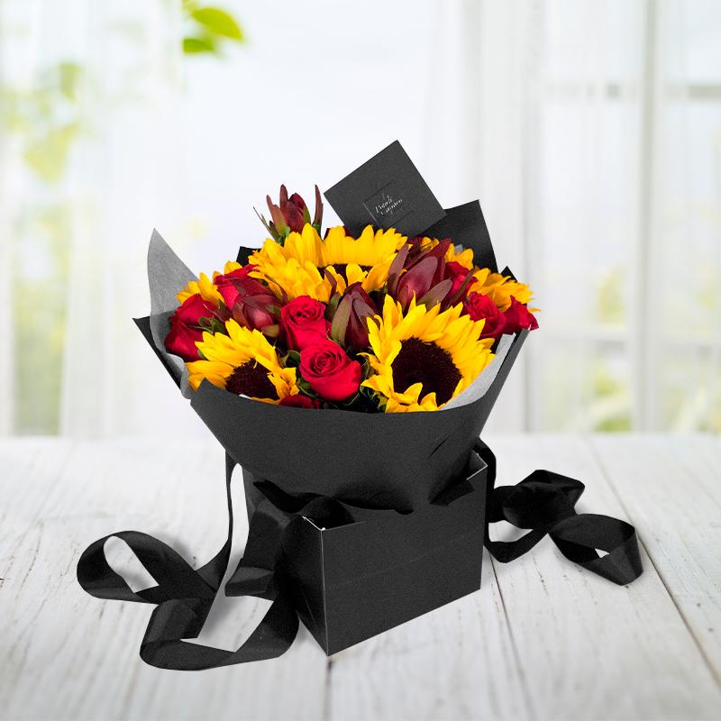 Bouquet Girasoles, Rosas Rojas y Safari | Globos y Regalos Teleglobos.com.mx.