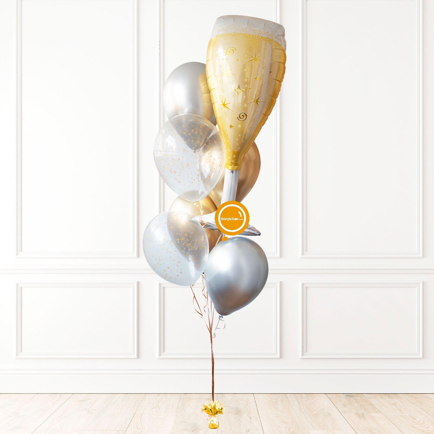Bunch de globos con Copa de Champaña | Globos y Regalos Teleglobos.com.mx.