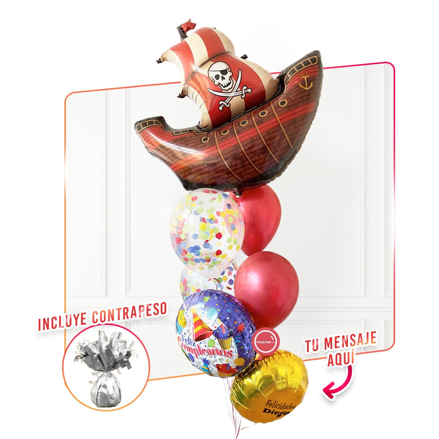 Bunch de globos con helio - Barco Pirata - personalizado - ONDAS030