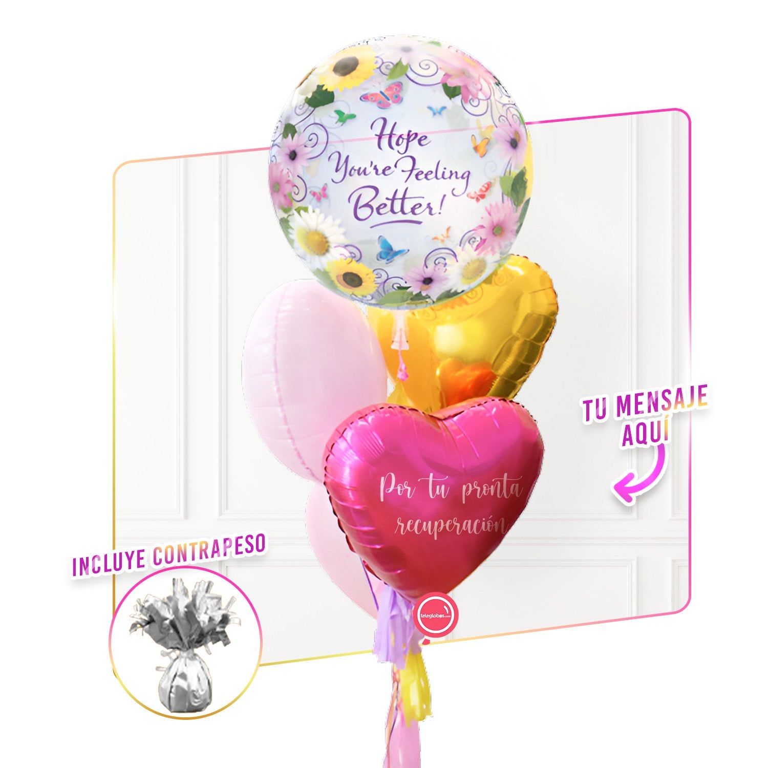 Bunch de globos con helio Burbuja -Mejórate Pronto- y personalizado