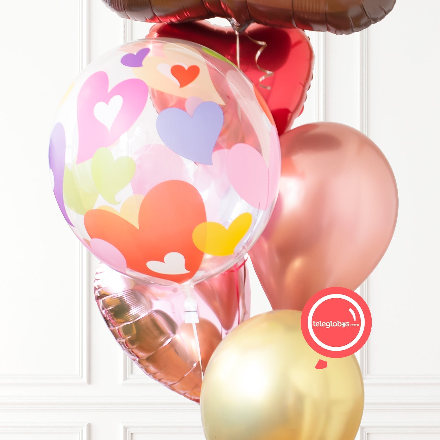 Bunch de globos con helio - Choco - Burbuja Corazones- ONDAS036 | Globos y Regalos Teleglobos.com.mx.