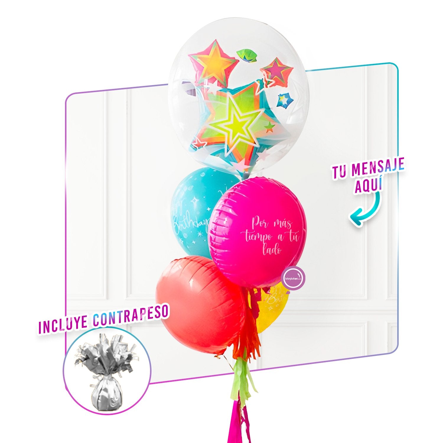 Bunch de globos con helio Doble Burbuja Neón - personalizado