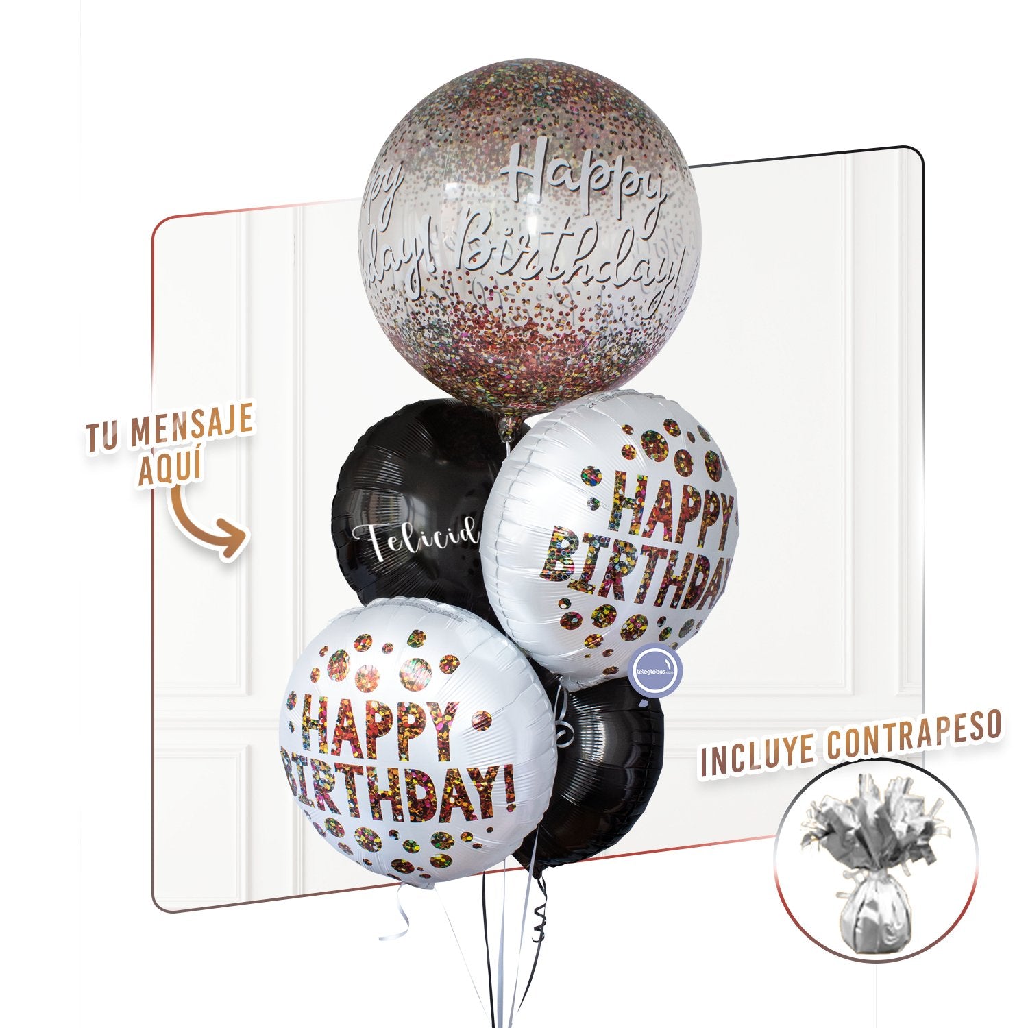 Bunch de Globos con Helio - Happy Birthday Sequins -