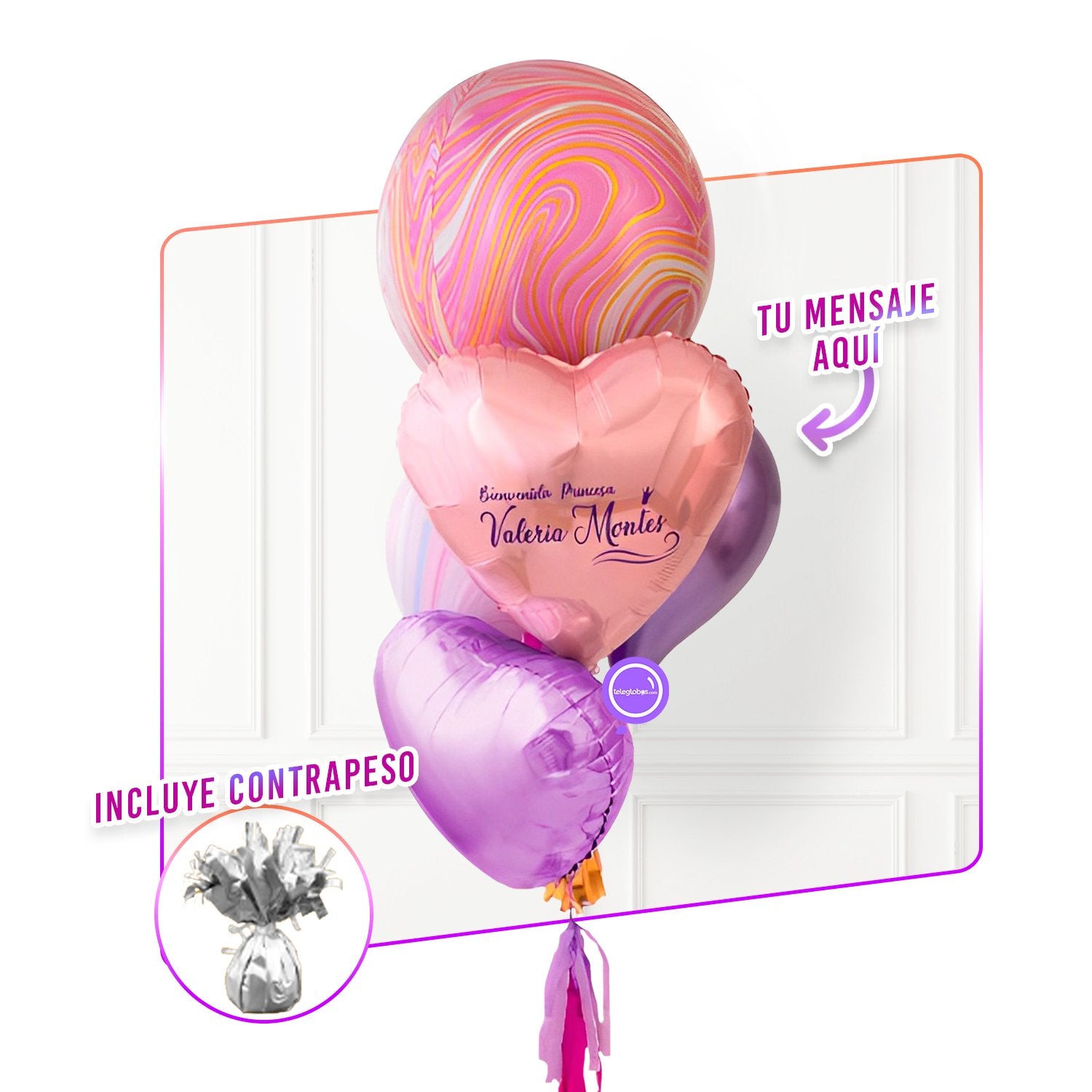 Bunch de globos con helio Marblez (Rosa) personalizado