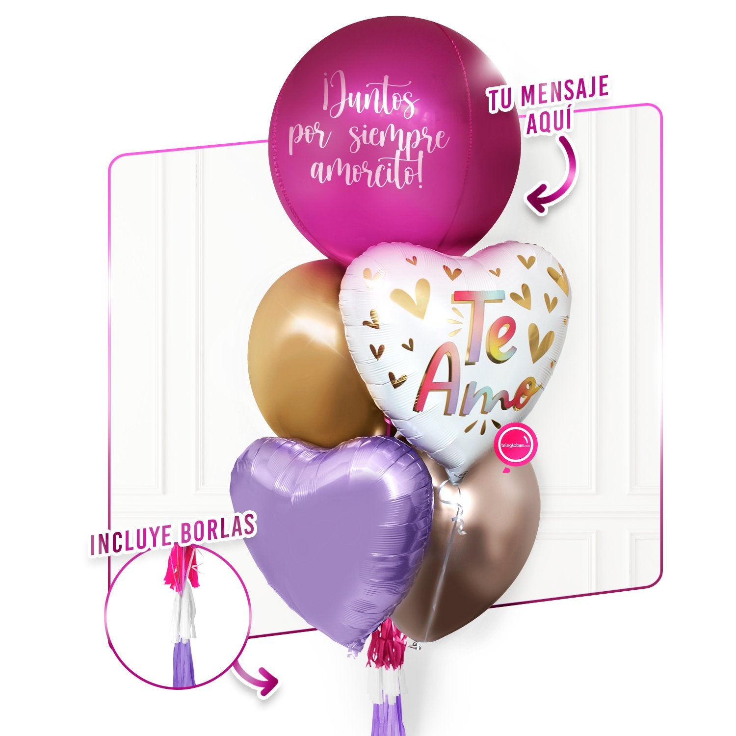 Bunch de Globos con Helio Personalizado -Te Amo-