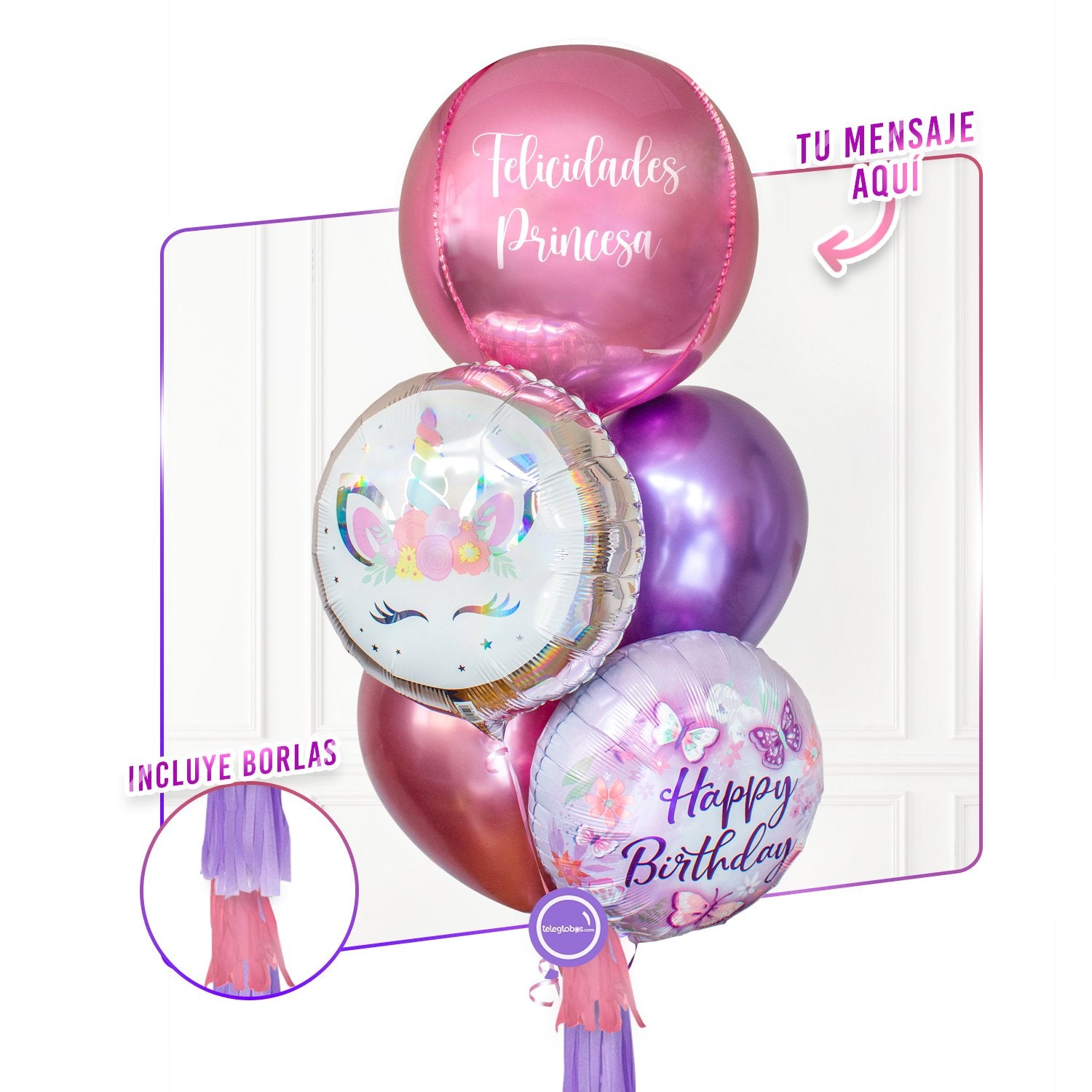 Bunch de Globos con Helio personalizado - Unicornio Birthday -