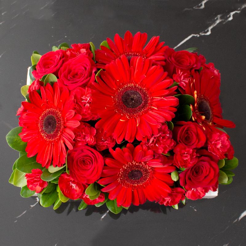 Canasta de Gerberas, Rosas, Mini Rosas y Clavellinas Rojas -PCAN018- | Globos y Regalos Teleglobos.com.mx.