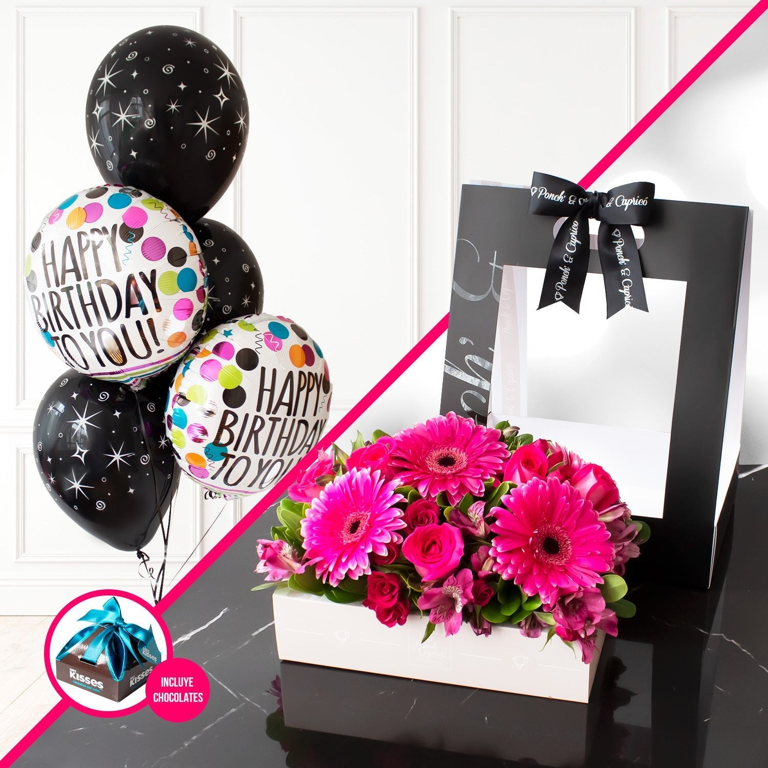 Canasta de Gerberas, Rosas y Mini Rosas Fuchsia + Bouquet de Globos Happy Birthday -SET007- | Globos y Regalos Teleglobos.com.mx.
