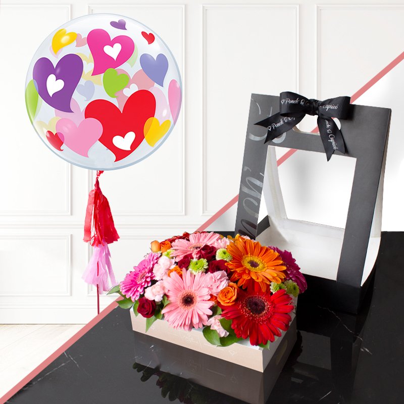 Canasta de Gerberas y Mini Rosas + Burbuja Corazones -SET008- | Globos y Regalos Teleglobos.com.mx.