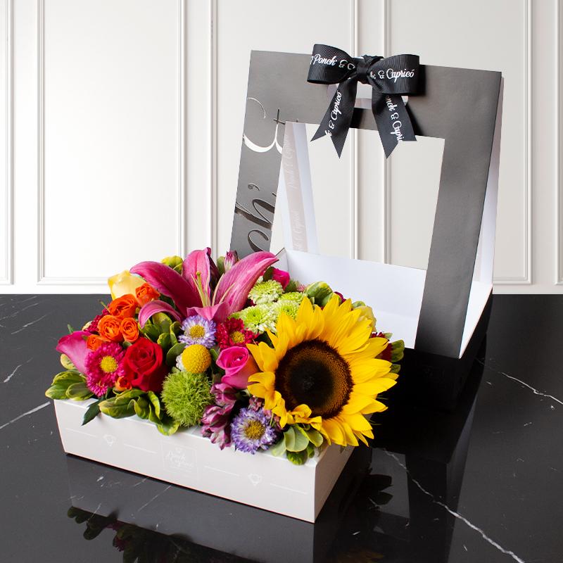 Canasta de Girasol, Rosas, Mini Rosas, Girasol, Rubina - PCAN025 - | Globos y Regalos Teleglobos.com.mx.