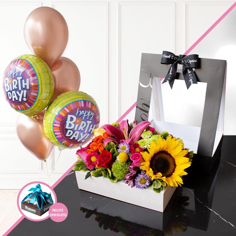 Canasta de Girasol Rosas, Mini Rosas y Rubina + Bouquet de Globos Happy Birthday Flower -SET016- | Globos y Regalos Teleglobos.com.mx.
