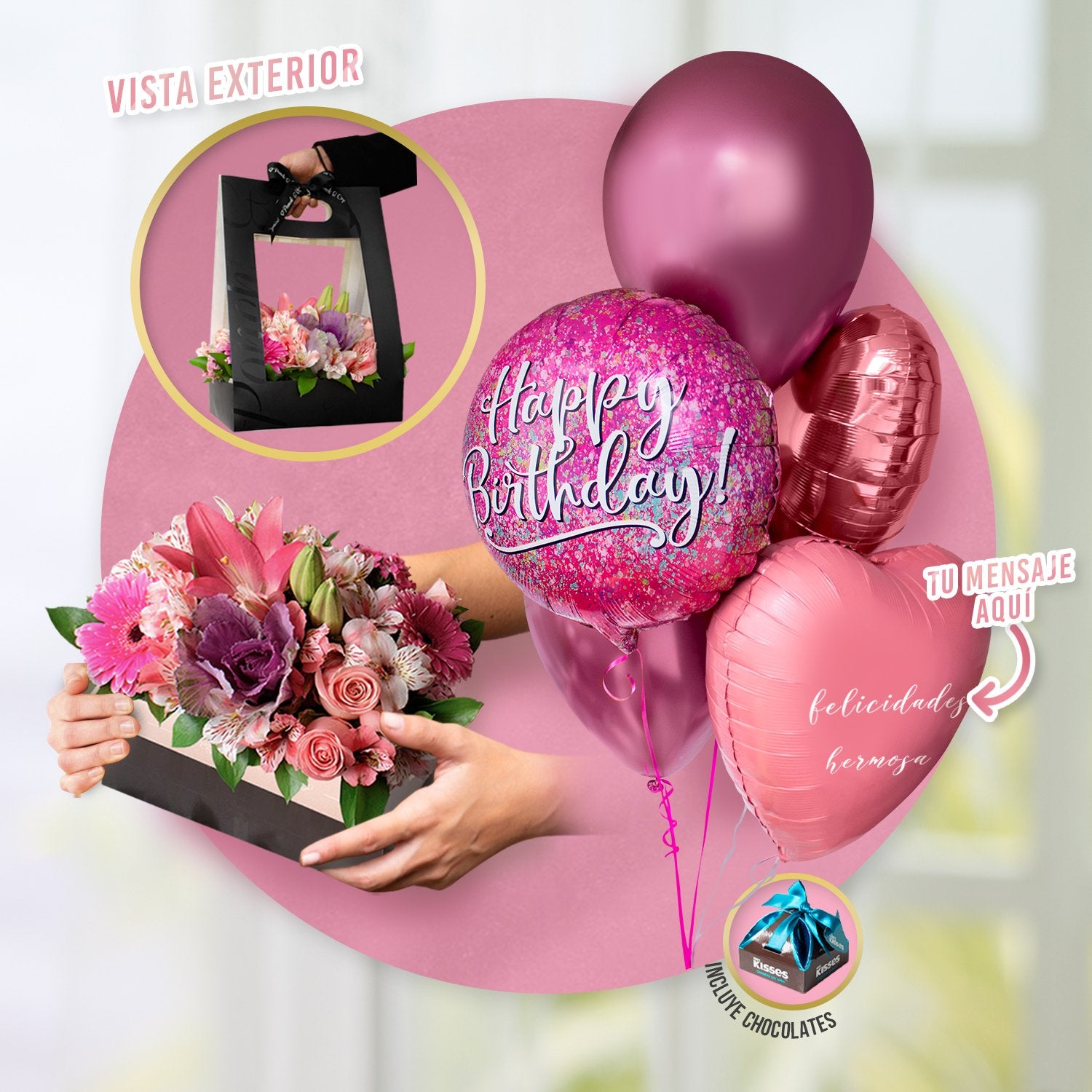 Canasta de Rosas, Lillies y Gerberas + Bouquet de Cumpleaños Personalizado -SET040-