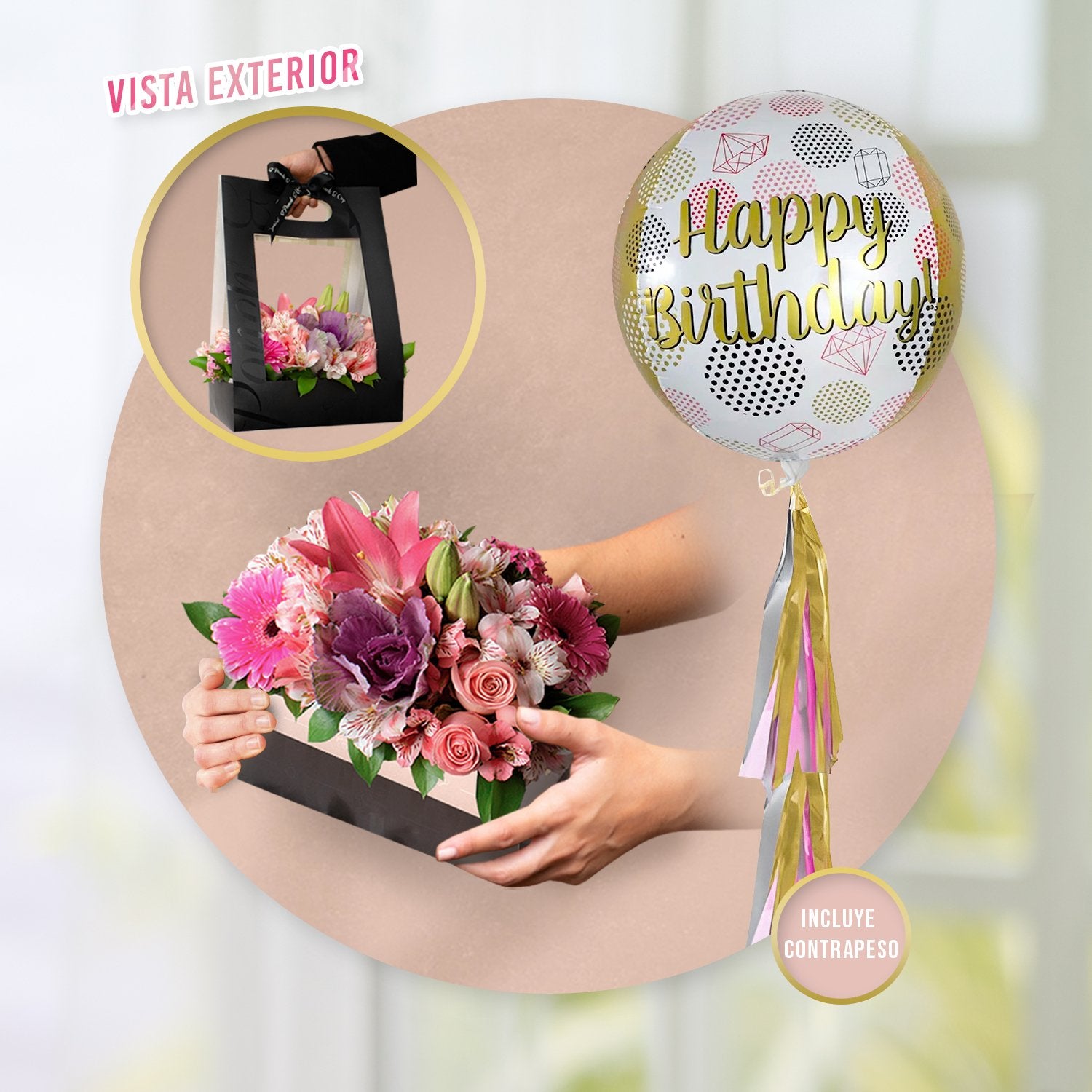 Canasta Rosa Lillies y Gerberas + Orbz Happy Birthday Gems -SET015-