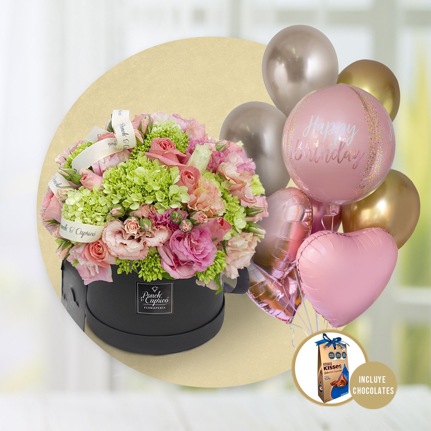 Domo de Lisianthus, Rosas Rosadas, Mini Rosas y Hortensias Verde + Bouquet de Globos -SET036-