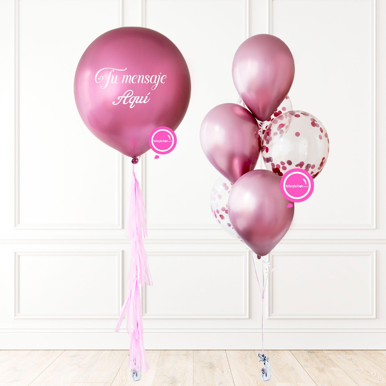 Globo 24" Cromado + 6 globos látex biodegradables con helio -Fuchsia Cromo- | Globos y Regalos Teleglobos.com.mx.