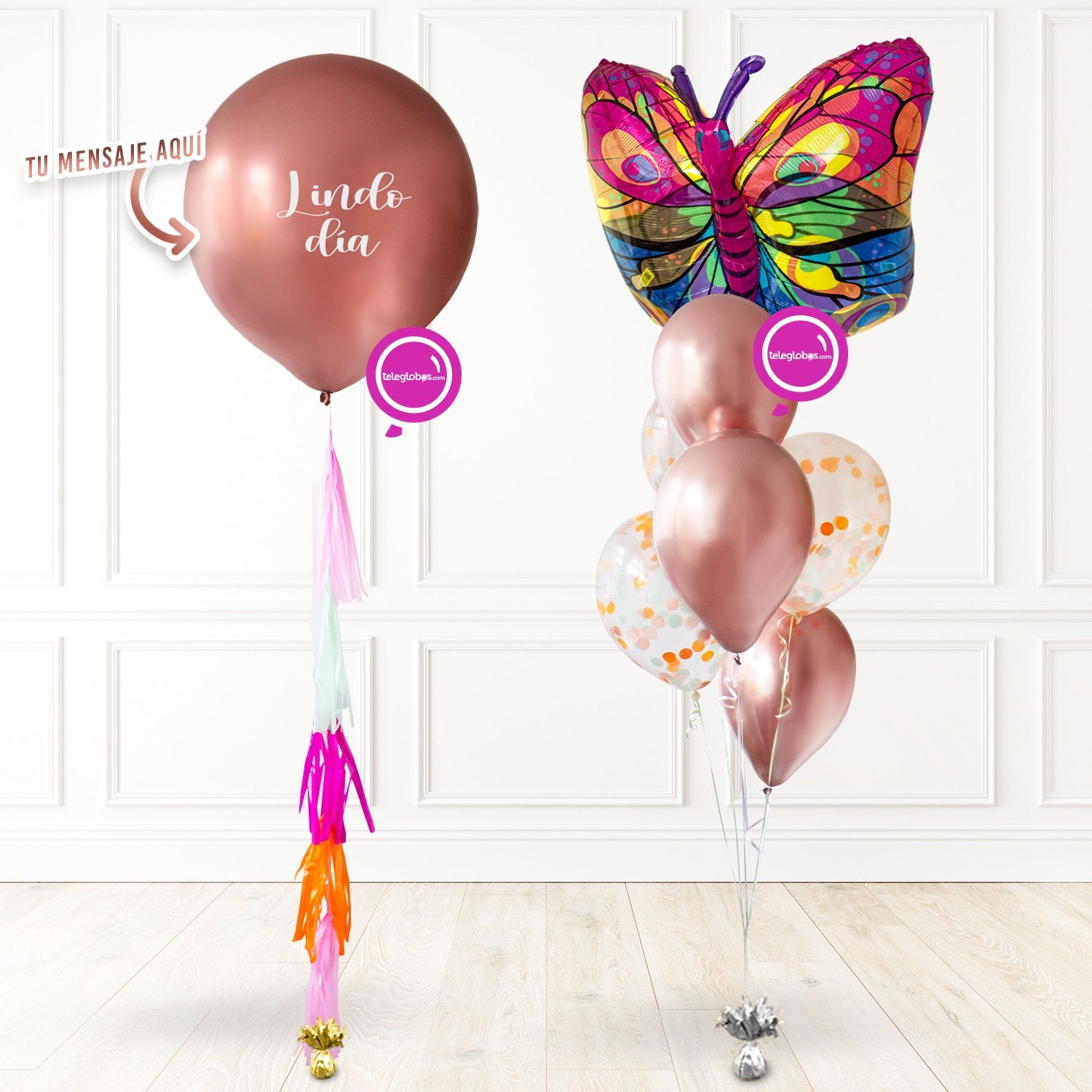 Globo 24" Cromado + 6 globos látex biodegradables con helio -Rose Gold- y Mariposa