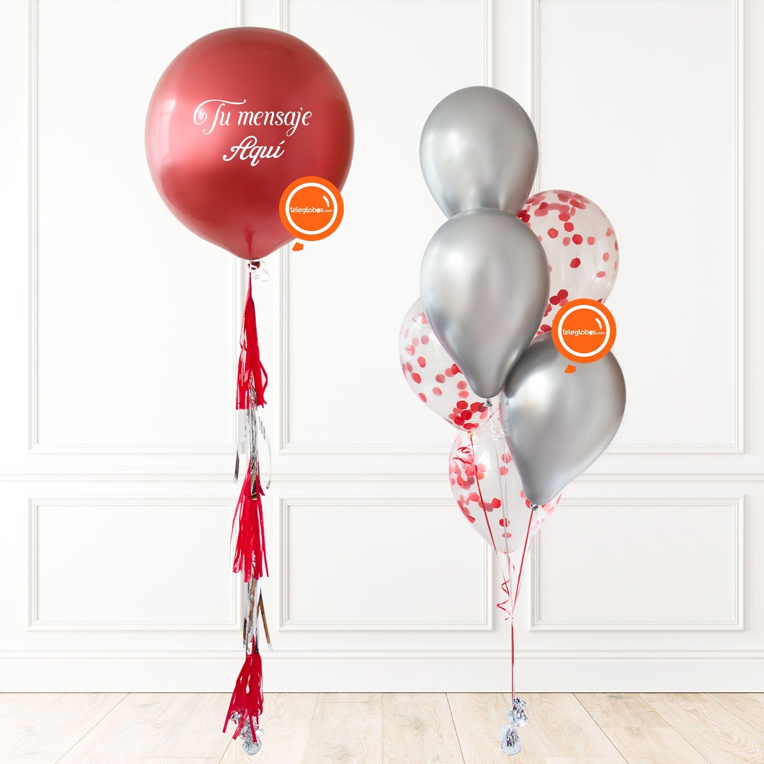 Globo 24" Látex Cromado + 6 globos látex biodegradables con helio -Rojo/Plata- | Globos y Regalos Teleglobos.com.mx.