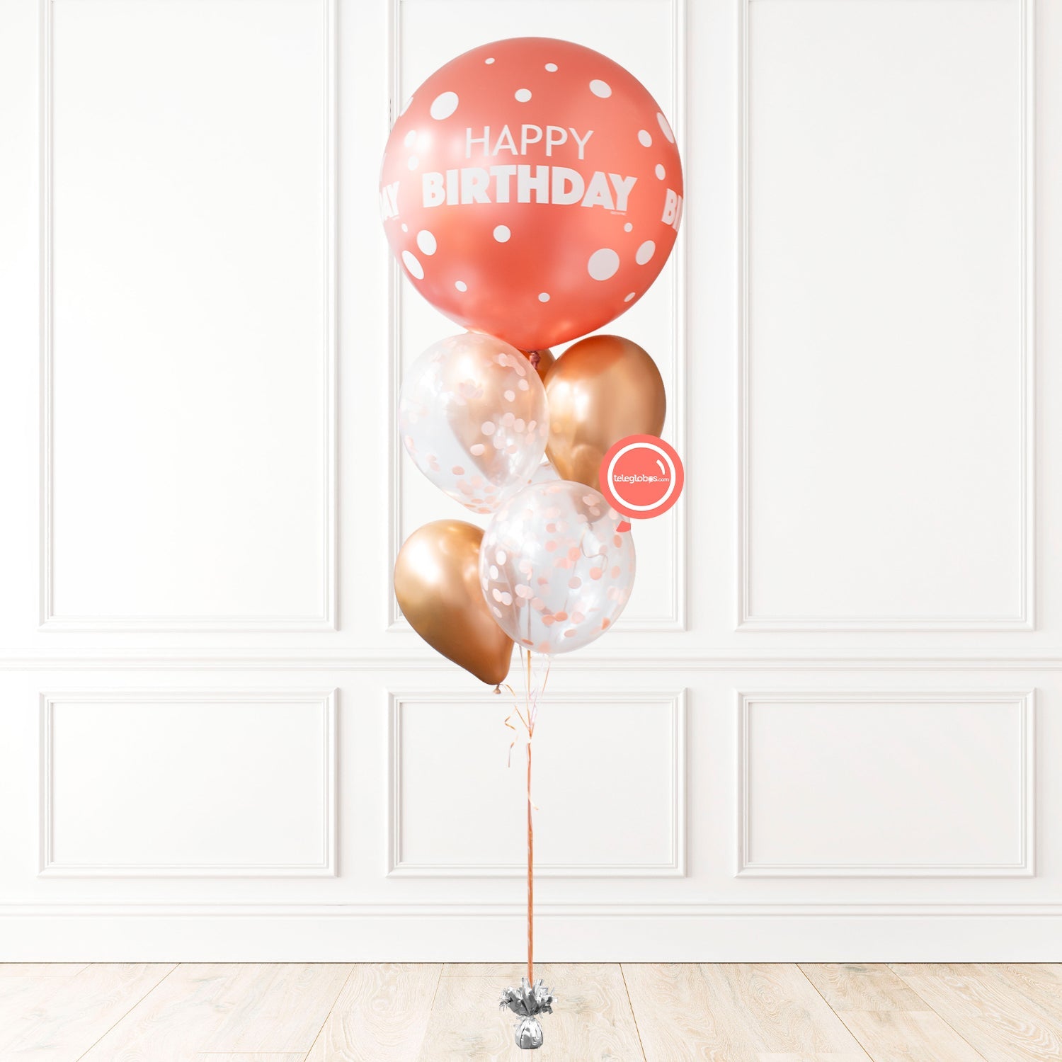 Globo gigante 30" Happy Birthday con racimo de globos -Rose Gold- GIG002 | Globos y Regalos Teleglobos.com.mx.
