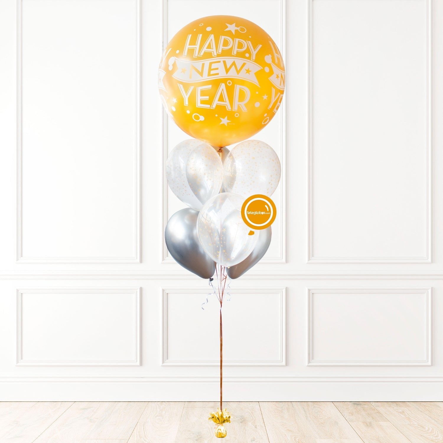 Globo gigante 30" Happy New Year con racimo de globos -Dorado- GIG004 | Globos y Regalos Teleglobos.com.mx.