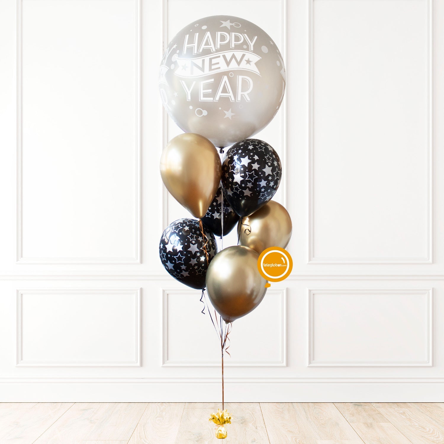 Globo gigante 30" Happy New Year con racimo de globos -Plata- GIG003 | Globos y Regalos Teleglobos.com.mx.