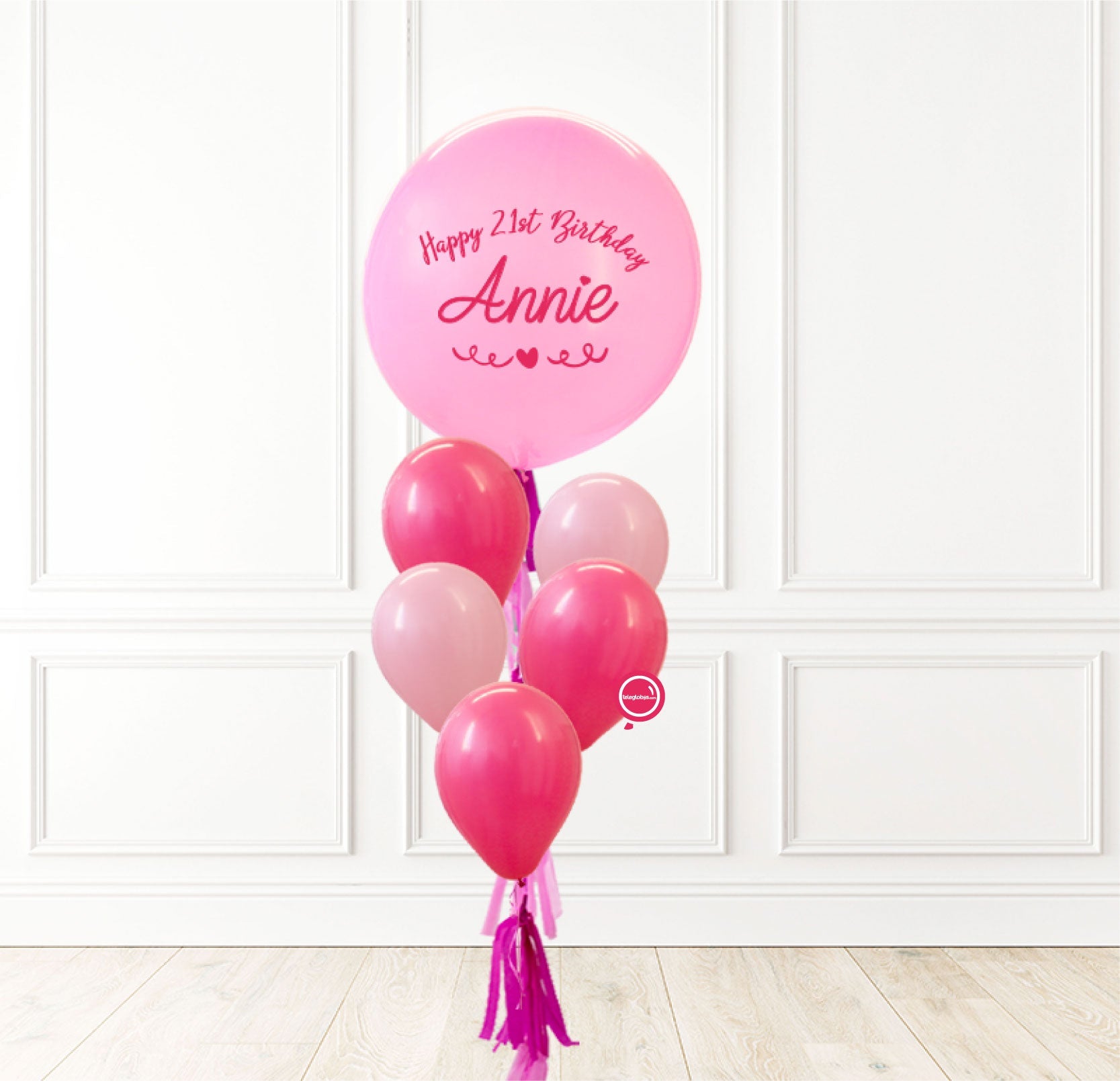 Globo grande personalizado + 5 globos látex (Rosado/Fuchsia) | Globos y Regalos Teleglobos.com.mx.