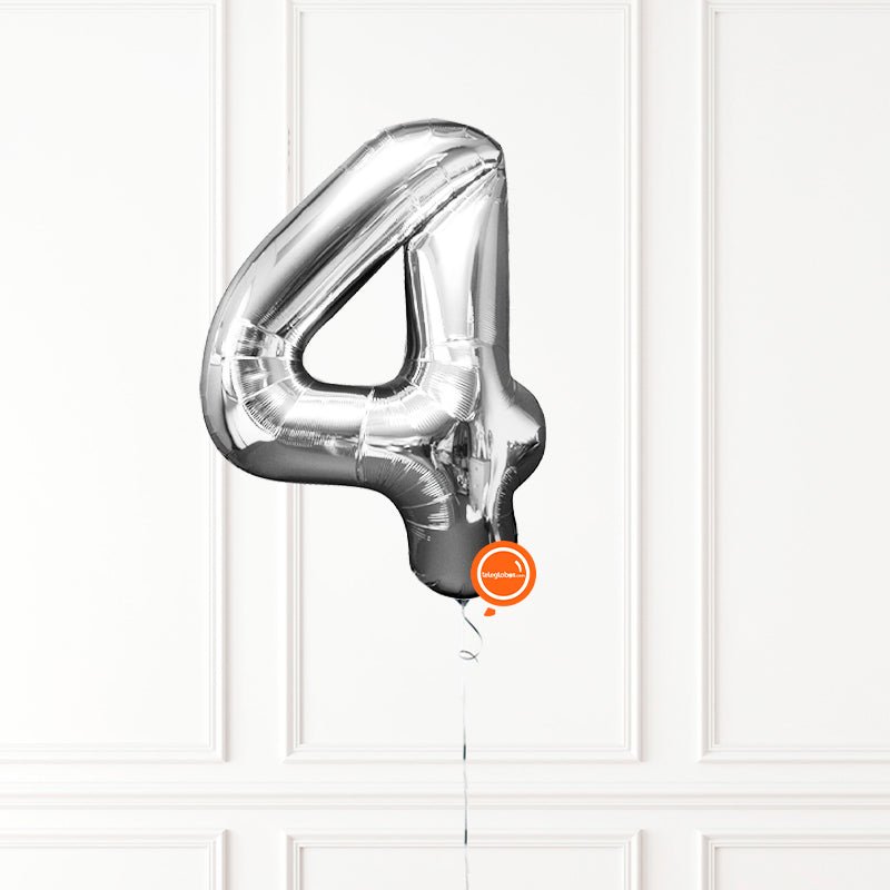 Globo INFLADO Metálico 34" Número 4 Plata | Globos y Regalos Teleglobos.com.mx.