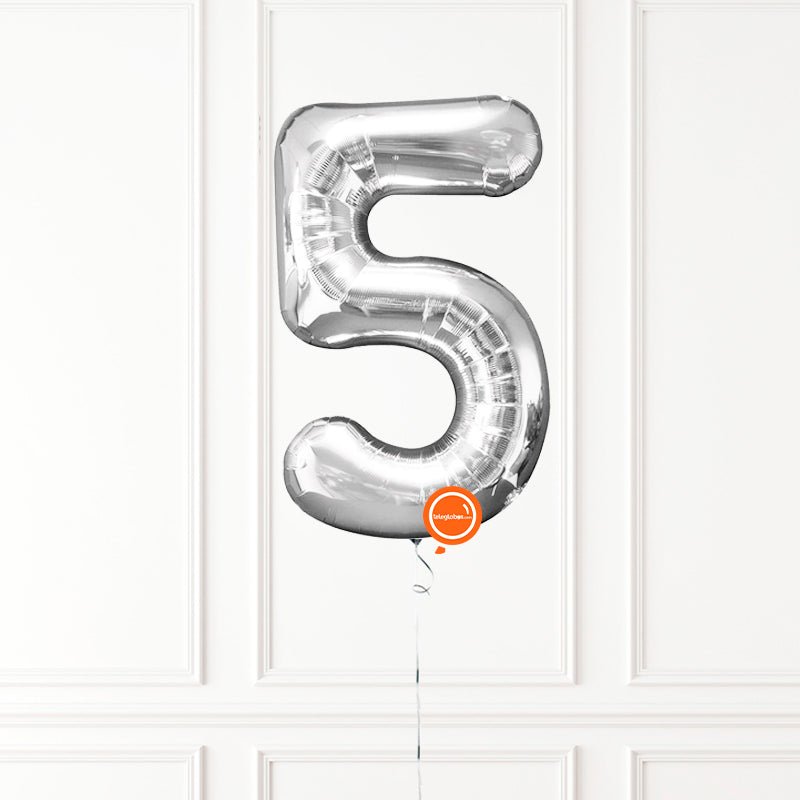 Globo INFLADO Metálico 34" Número 5 Plata | Globos y Regalos Teleglobos.com.mx.
