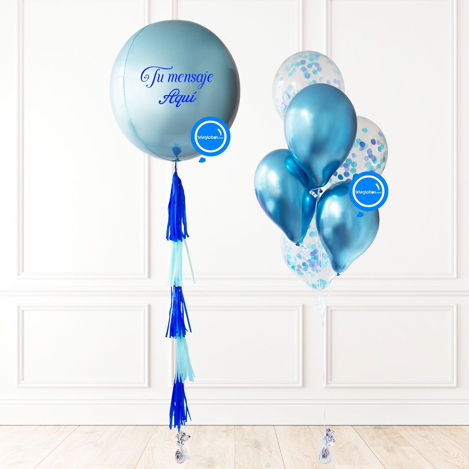 Globo Jumbo ORBZ Azul + 6 globos látex biodegradables con helio -Cromo Azul- | Globos y Regalos Teleglobos.com.mx.