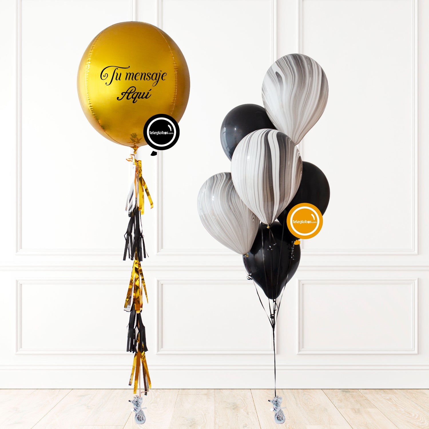 Globo Jumbo ORBZ Dorado + 6 globos látex biodegradables con helio -Ágata- | Globos y Regalos Teleglobos.com.mx.