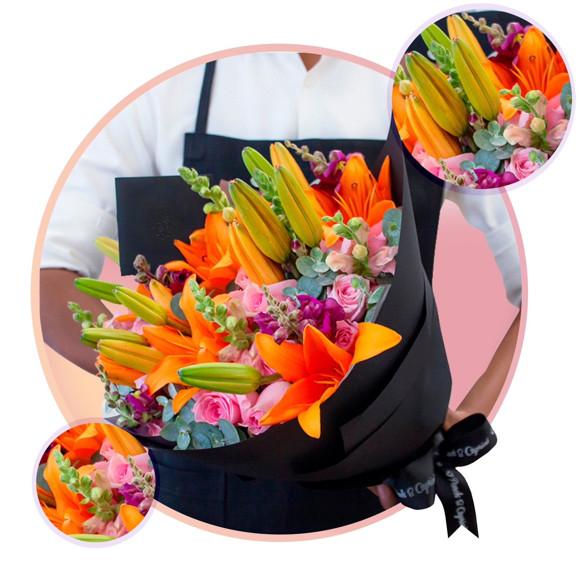 Lillies naranja, rosas y boca de dragón