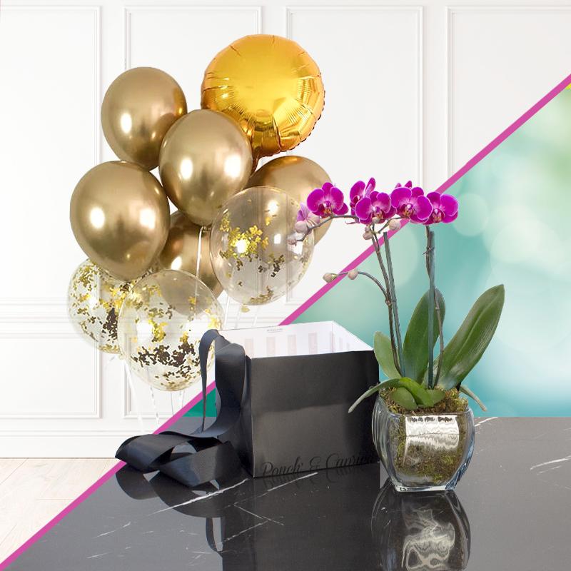 Orquídea Mini + Racimo de globos cromo -SET005- | Globos y Regalos Teleglobos.com.mx.