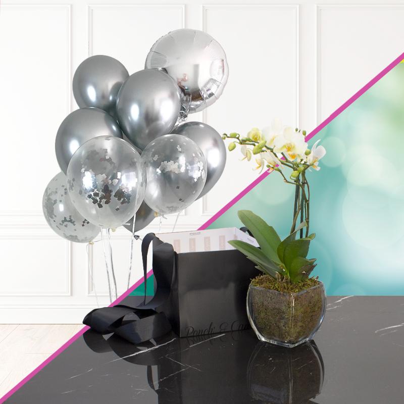 Orquídea Mini + Racimo de globos cromo -SET005- | Globos y Regalos Teleglobos.com.mx.
