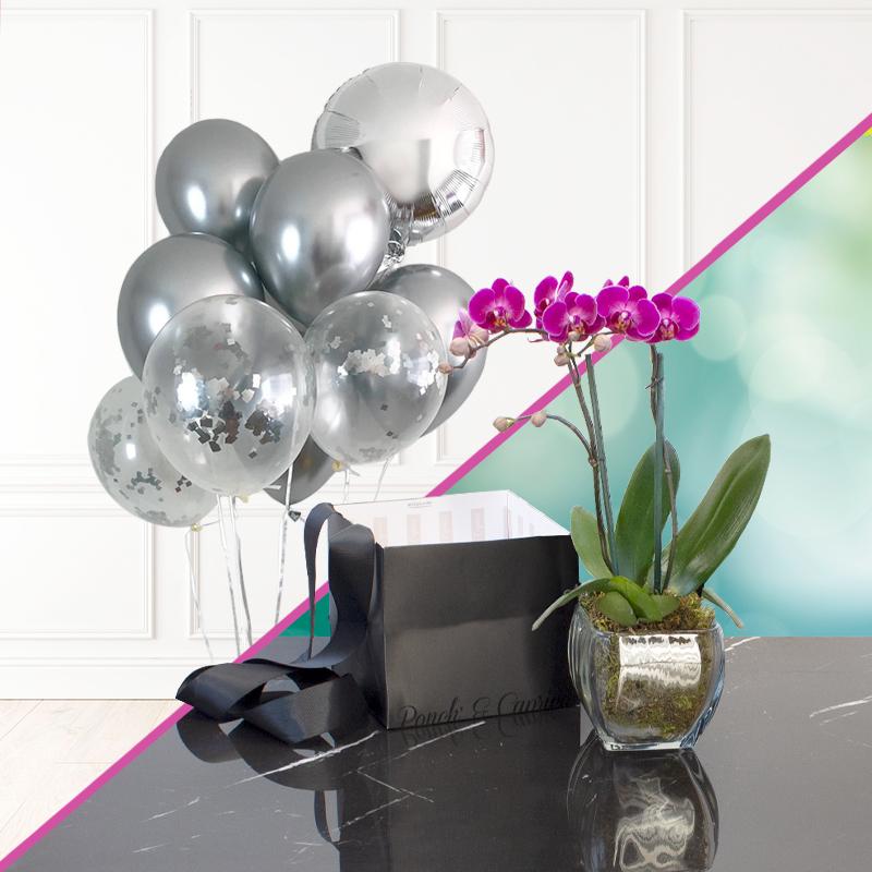 Orquídea Mini + Racimo de globos cromo -SET005- | Globos y Regalos Teleglobos.com.mx.