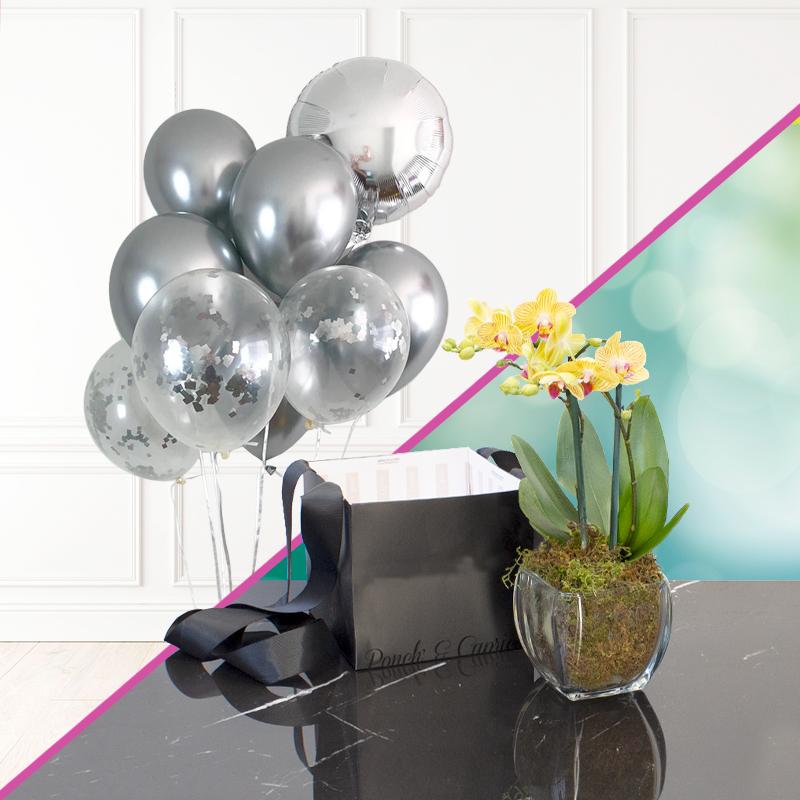 Orquídea Mini + Racimo de globos cromo -SET005- | Globos y Regalos Teleglobos.com.mx.