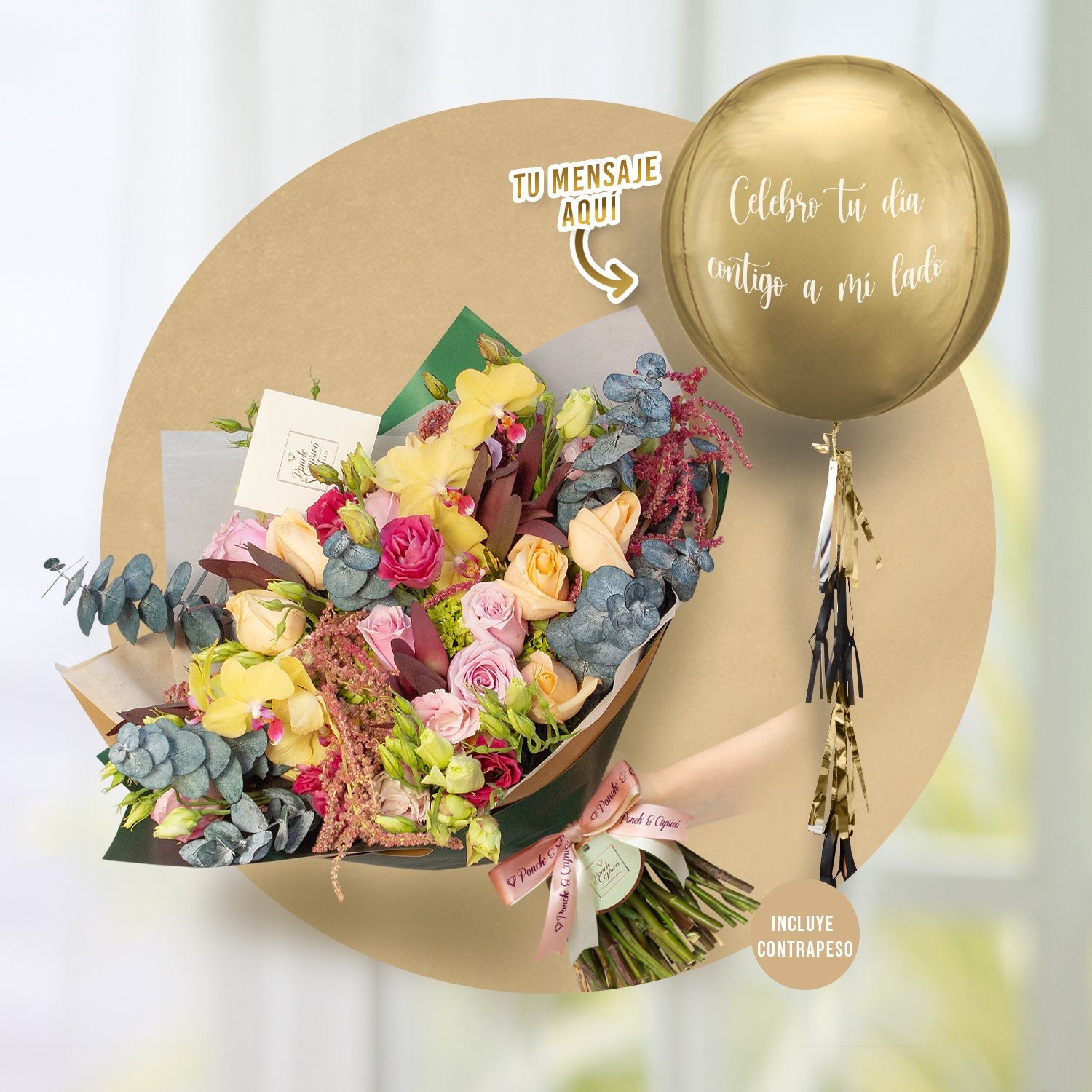 Orquídeas Amarillas, Rosas Náuticas, Lisianthus Místico, Rosas Peach Avalanche y Eucalipto -ALA022-