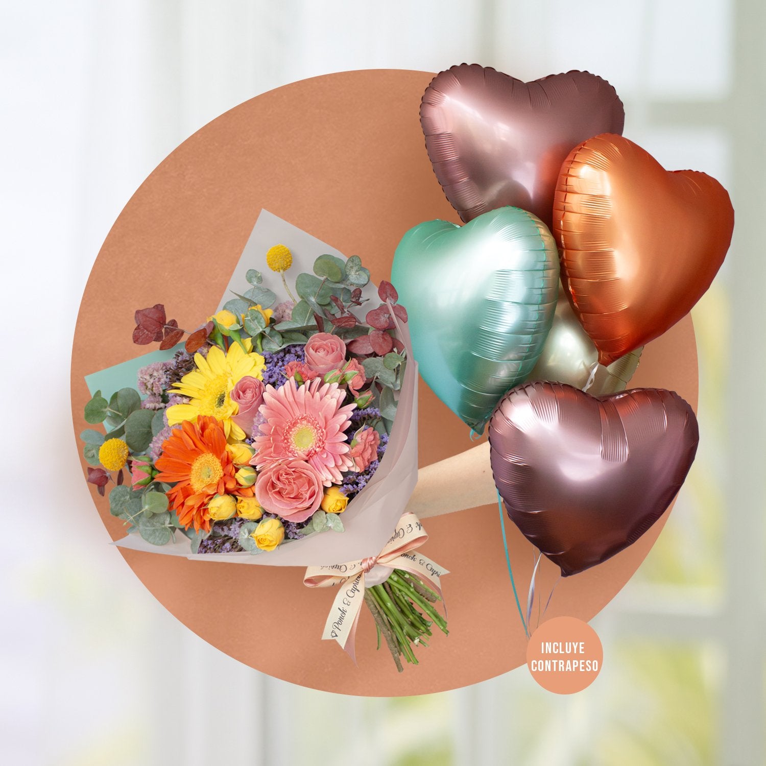 Mix gerberas bouquet, beautiful roses, pink eucalyptus, pink and mini pinks + bouquet of balloons of love -set067-